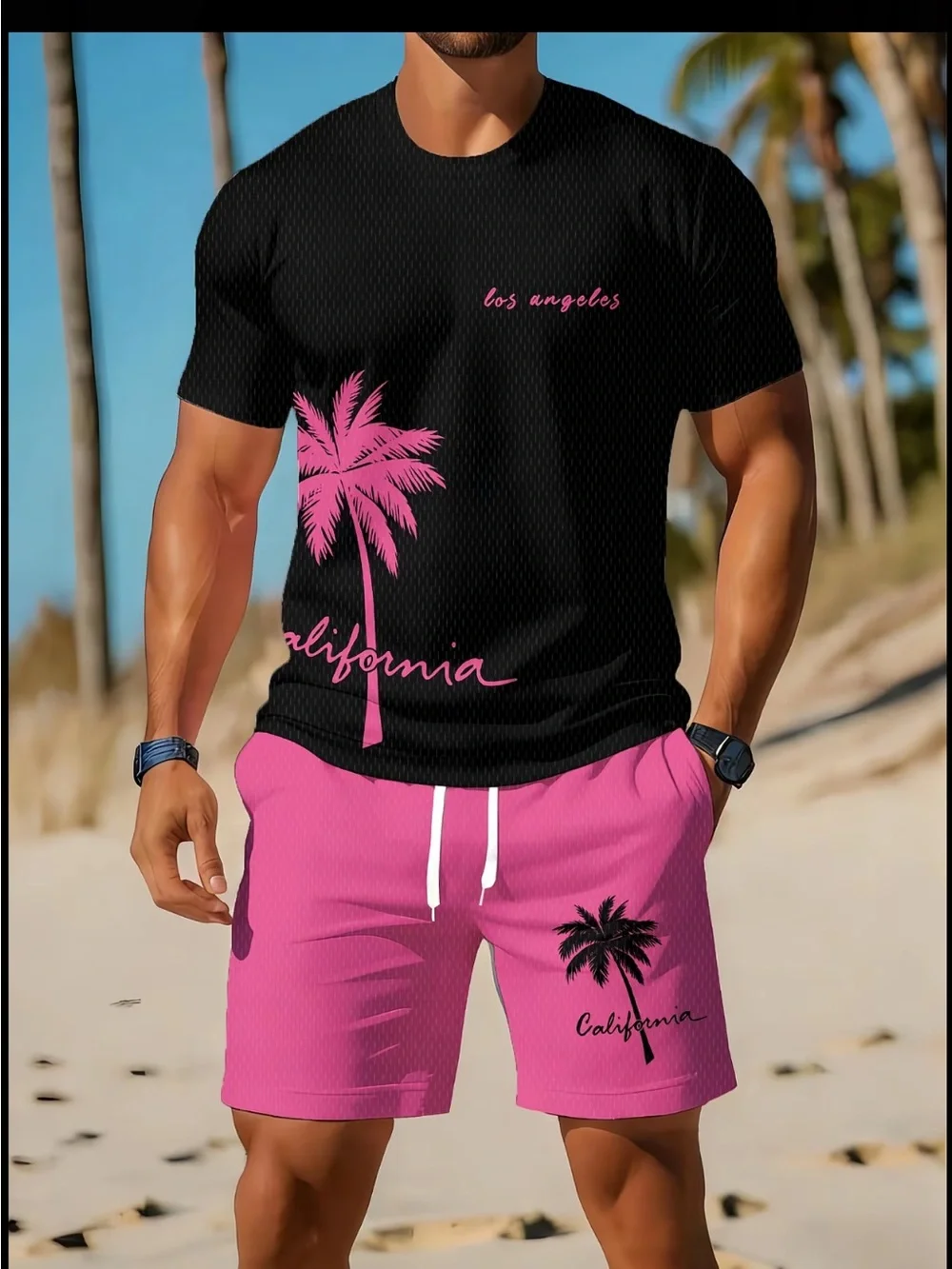 Men's California Palm Print Swim Set - Black & Pink